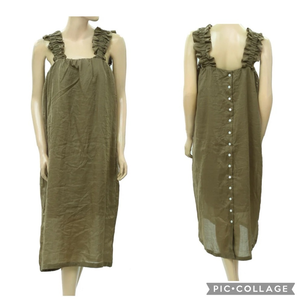FRAME Women’s XS Olive Green‎ Ruffled Shoulder Strap Ramie Buttondown Midi Dress